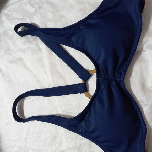 Bikini Swimsuit Top Navy Gold Ring Strap-Back 1-Piece M Removable Pads New - Picture 5 of 5